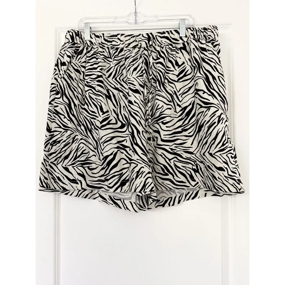 Cynthia Rowley Zebra Print Linen Shorts Womens US 12 Elastic Waist Drawstring